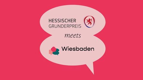 Veranstaltungsbann mit Schriftzug in optischer Sprechblase: Hessischer Gründerpreis meets Wiesbaden
