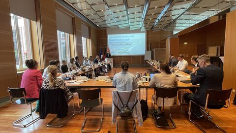 Treffen zur Erarbeitung von Szenarien und Leitbild für das länderübergreifende Mobilitätskonzept Workshop-Gruppe bei Präsentation Ramboll Deutschland GmbH
